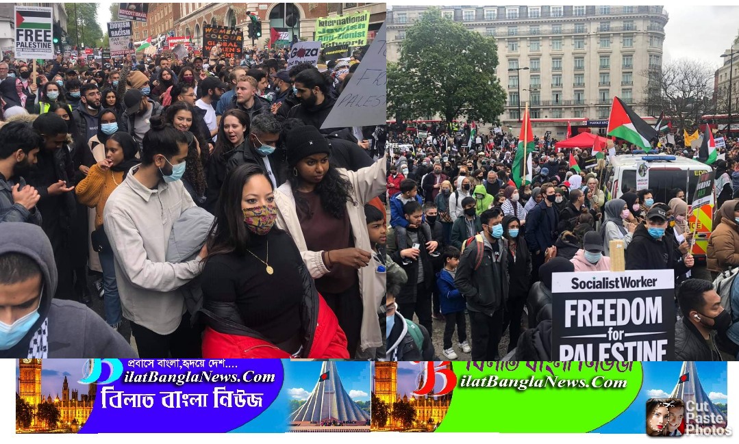 ফিলিস্তিনে ইসরায়েলী বাহিনীর হামলার প্রতিবাদে লন্ডনে লাখো মানুষের মিছিল